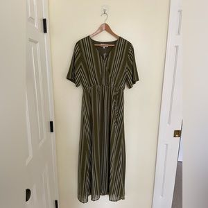 Olive green, striped maxi dress. Medium
